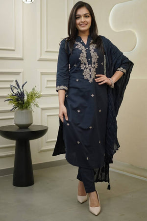 Blue Embroidered Rayon Straight Cut Suit Set