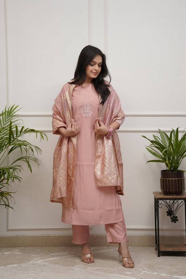 Peach Embroidered Chanderi Straight Cut Suit Set