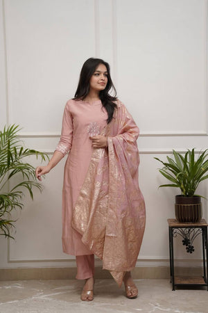 Peach Embroidered Chanderi Straight Cut Suit Set