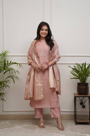 Peach Embroidered Chanderi Straight Cut Suit Set