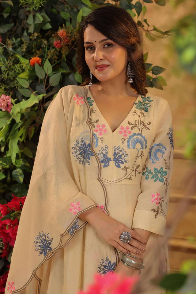 Yellow Embroidered Viscose Anarkali Suit Set