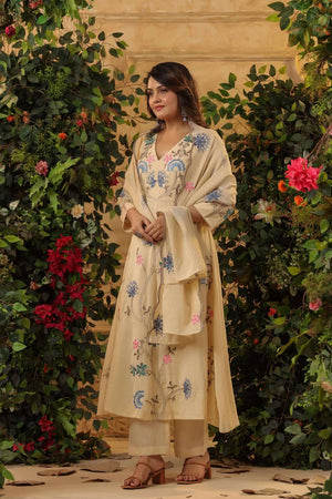 Yellow Embroidered Viscose Anarkali Suit Set
