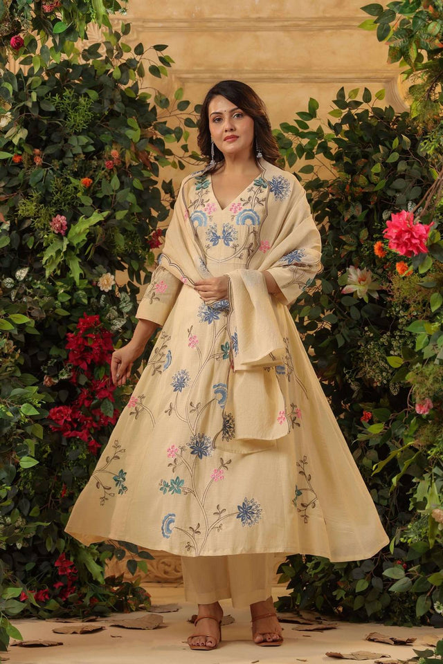 Yellow Embroidered Viscose Anarkali Suit Set