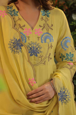 Yellow Embroidered Viscose Anarkali Suit Set