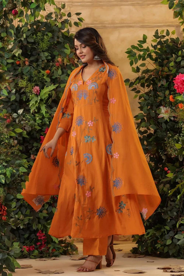 Orange Embroidered Viscose Anarkali Suit Set