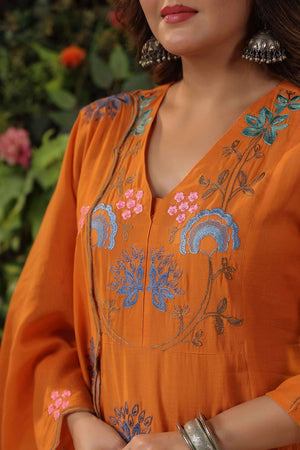 Orange Embroidered Viscose Anarkali Suit Set