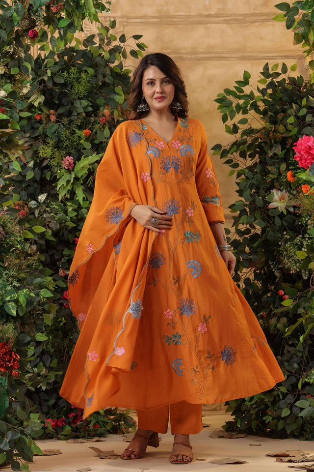 Orange Embroidered Viscose Anarkali Suit Set
