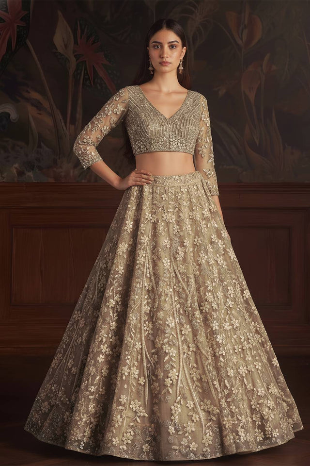 Golden Sequin with Embroidered Net Lehenga