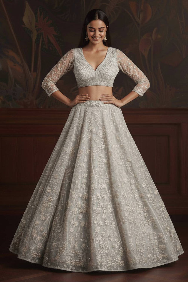 White Sequin with Embroidered Net Lehenga
