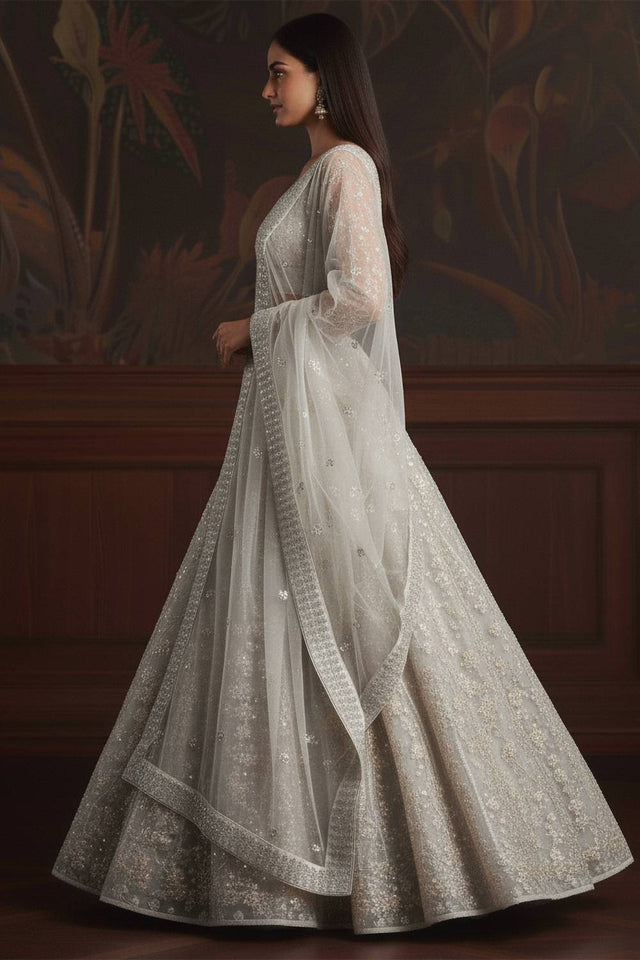 White Sequin with Embroidered Net Lehenga