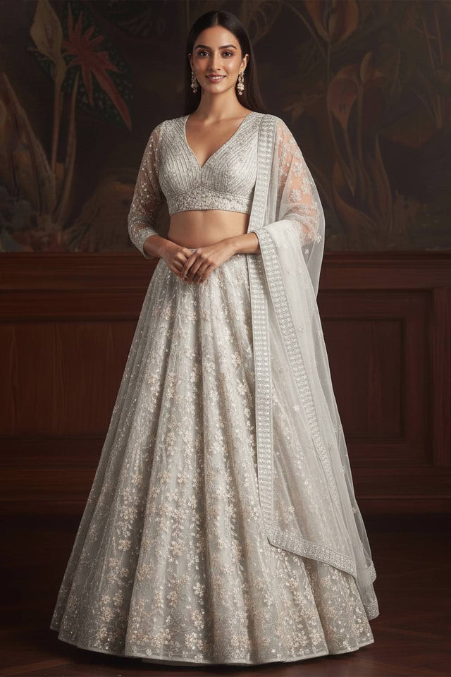 White Sequin with Embroidered Net Lehenga