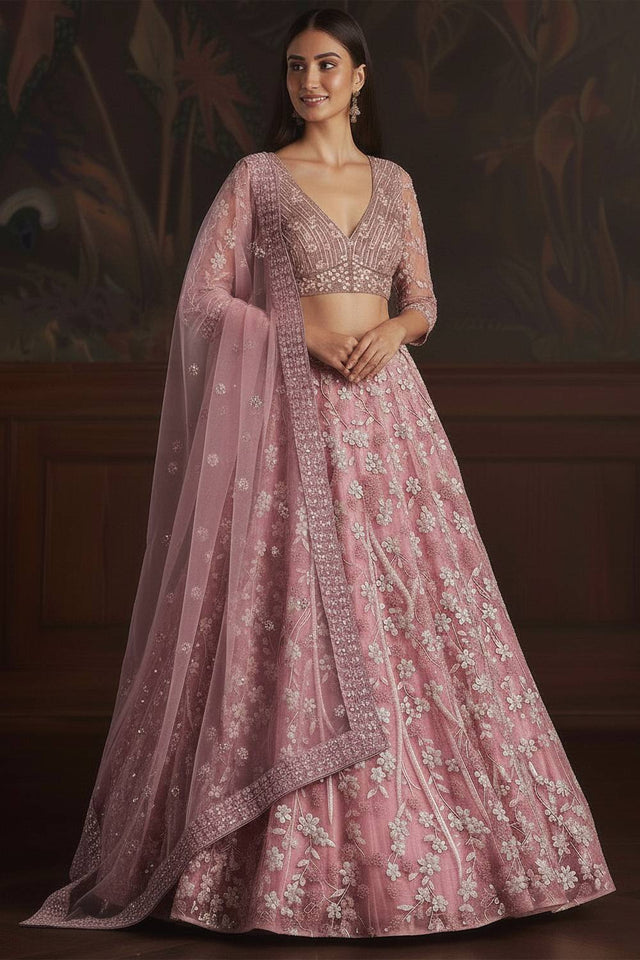 Pink Sequin with Embroidered Net Lehenga