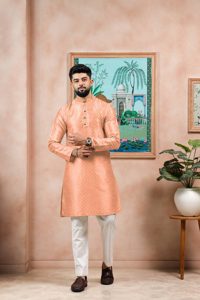 Peach Embroidered Art Silk Kurta Pyjama