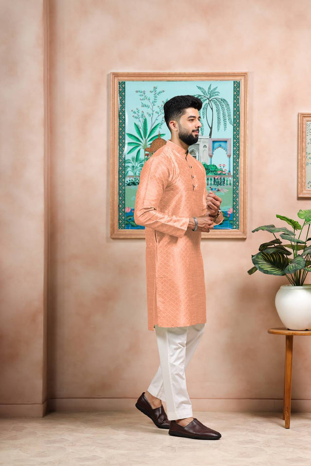 Peach Embroidered Art Silk Kurta Pyjama