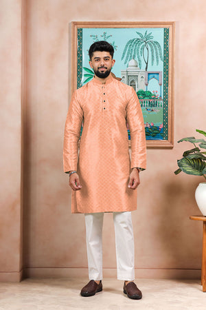 Peach Embroidered Art Silk Kurta Pyjama