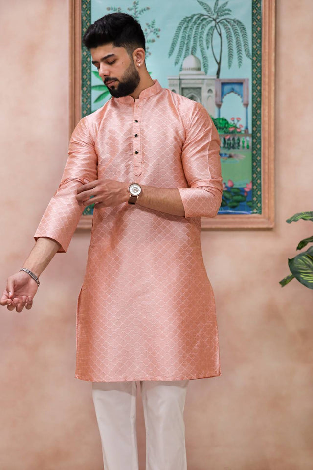 Pink Embroidered Art Silk Kurta Pyjama