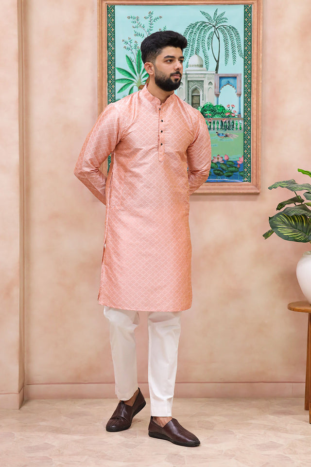 Pink Embroidered Art Silk Kurta Pyjama