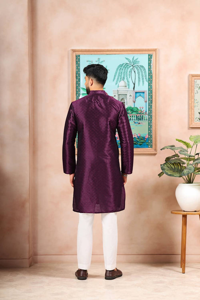 Wine Embroidered Art Silk Kurta Pyjama