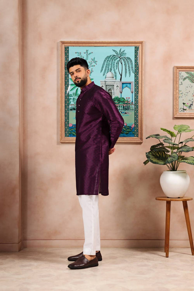 Wine Embroidered Art Silk Kurta Pyjama