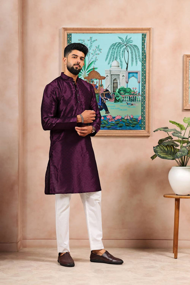 Wine Embroidered Art Silk Kurta Pyjama