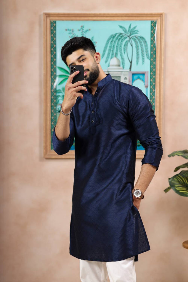 Navy Blue Embroidered Art Silk Kurta Pyjama