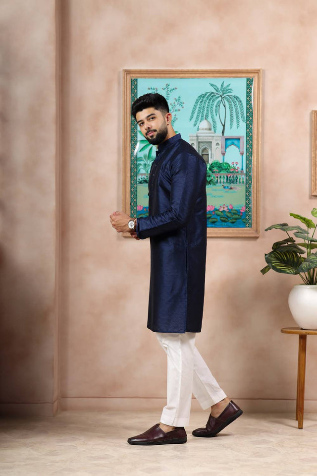 Navy Blue Embroidered Art Silk Kurta Pyjama