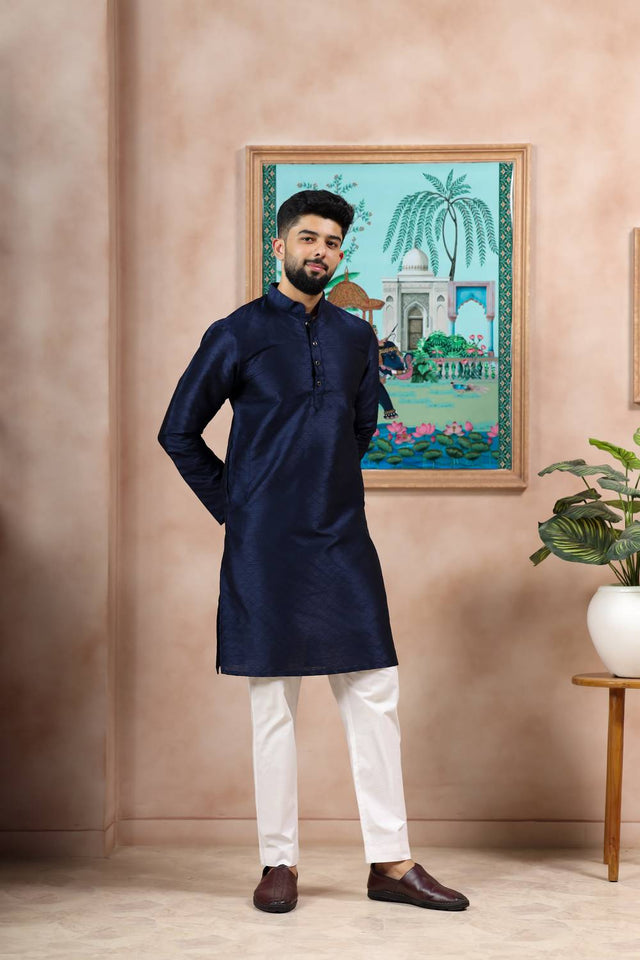 Navy Blue Embroidered Art Silk Kurta Pyjama