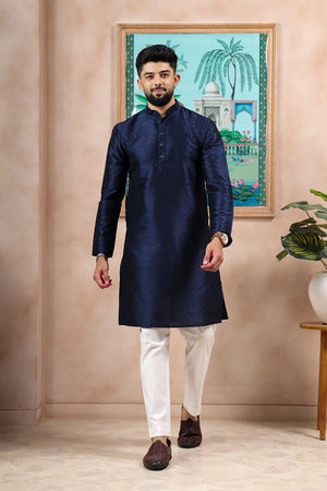 Navy Blue Embroidered Art Silk Kurta Pyjama