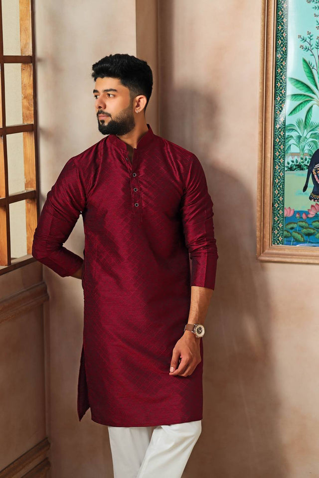 Maroon Embroidered Art Silk Kurta Pyjama