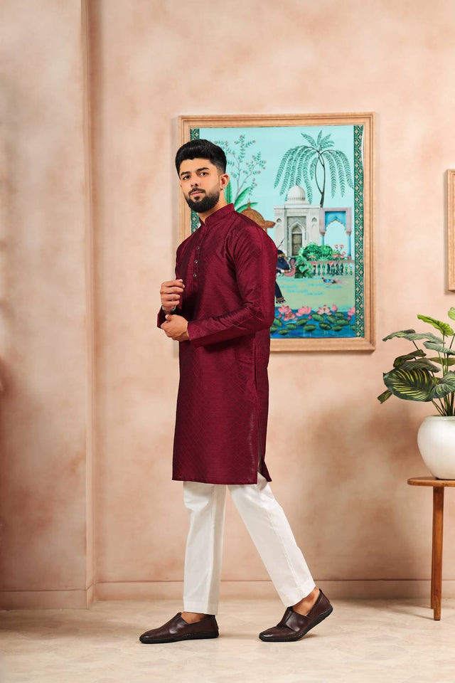 Maroon Embroidered Art Silk Kurta Pyjama