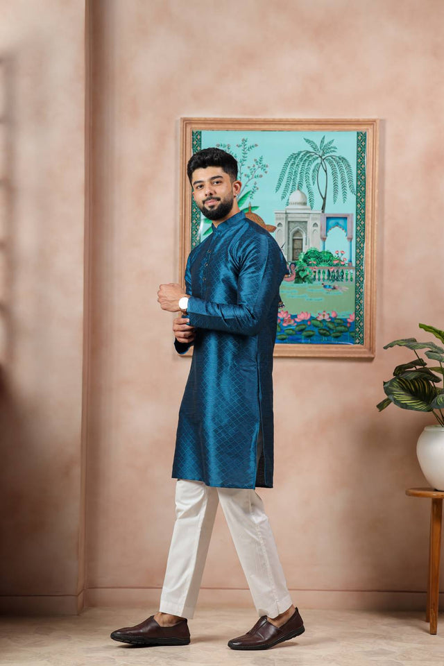 Turquoise Embroidered Art Silk Kurta Pyjama