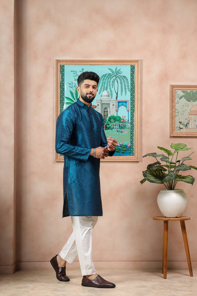 Turquoise Embroidered Art Silk Kurta Pyjama