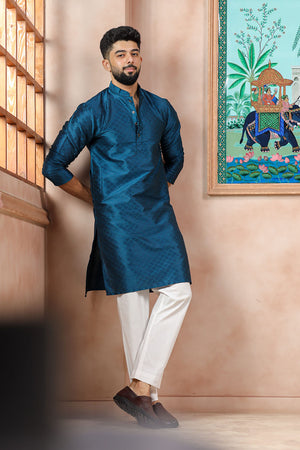 Turquoise Embroidered Art Silk Kurta Pyjama