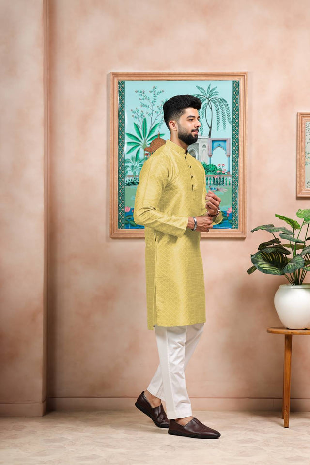 Yellow Embroidered Art Silk Kurta Pyjama