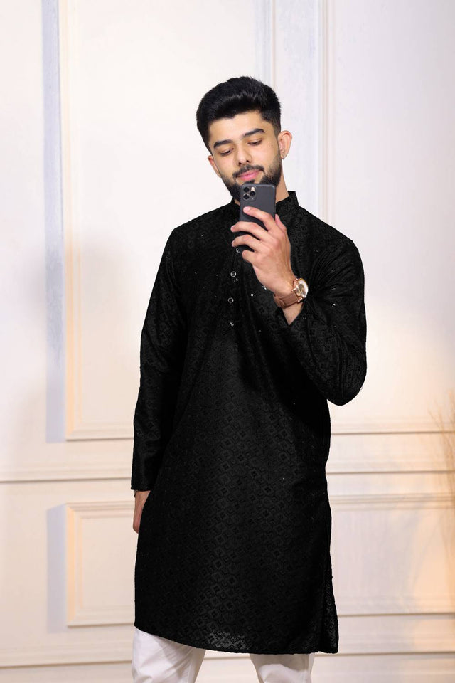 Black Sequin with Chikankari Cotton Kurta Pyjama
