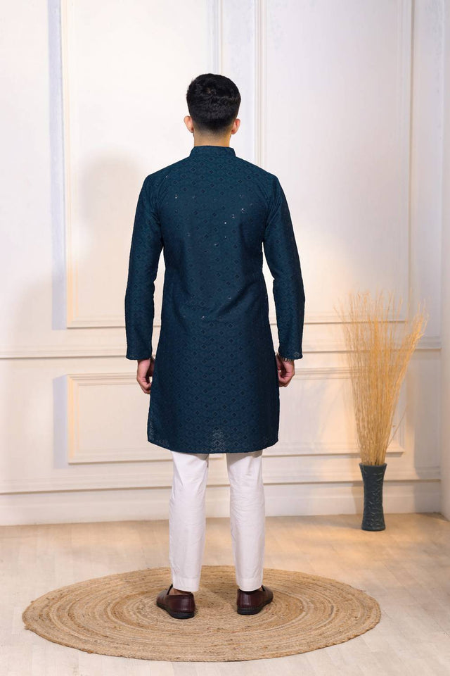 Turquoise Sequin with Chikankari Cotton Kurta Pyjama