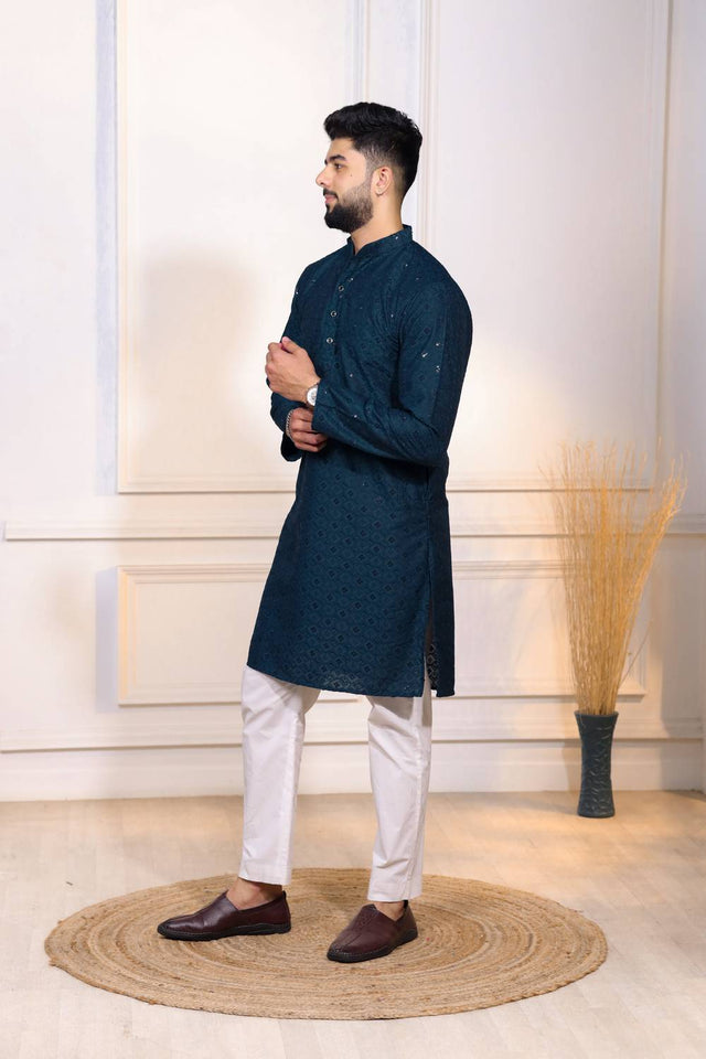 Turquoise Sequin with Chikankari Cotton Kurta Pyjama