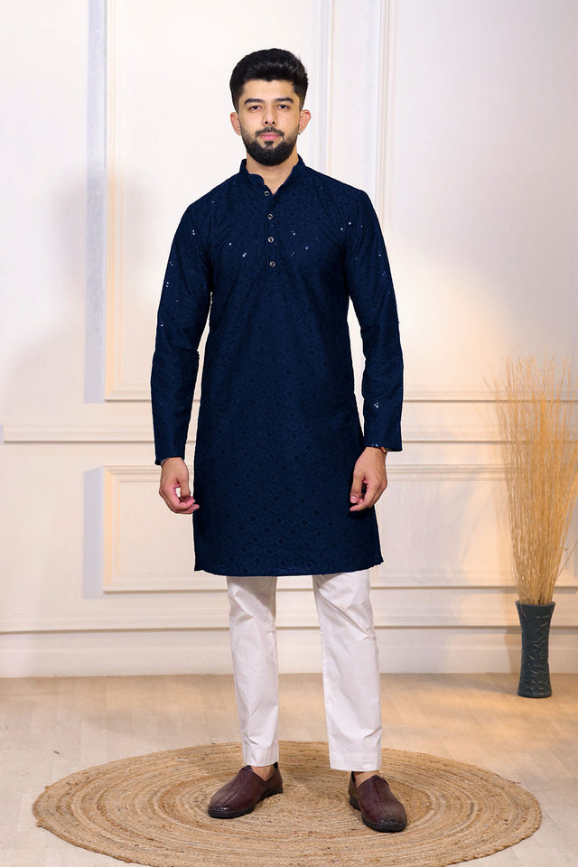 Blue Sequin with Chikankari Cotton Kurta Pyjama