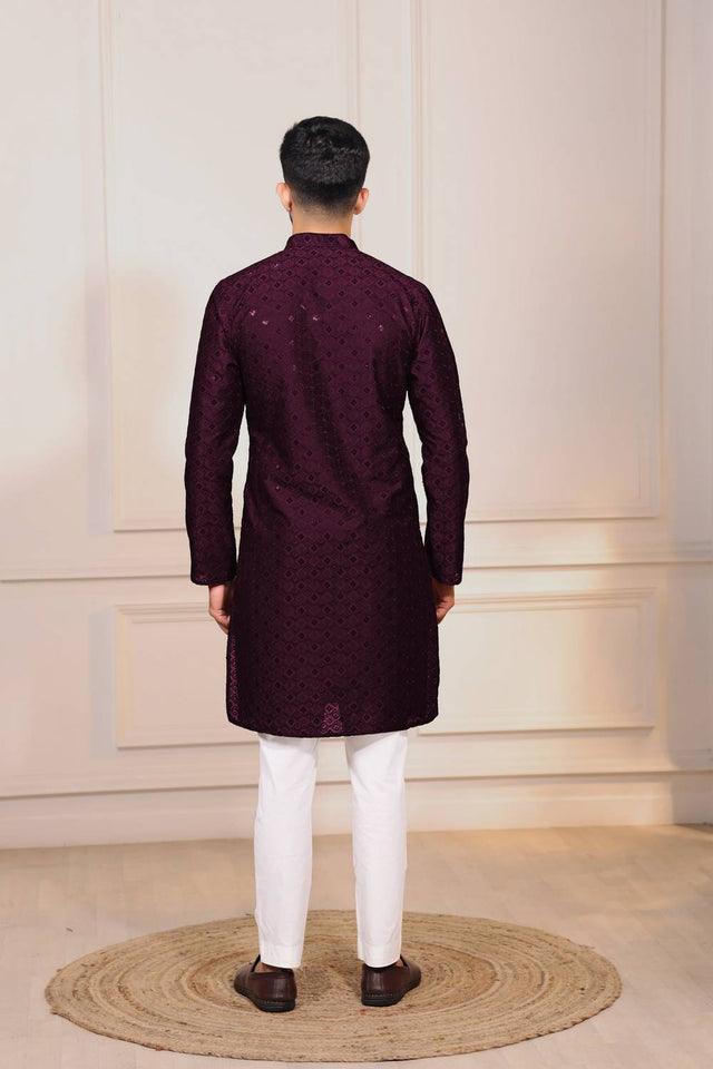 Wine Sequin with Chikankari Cotton Kurta Pyjama