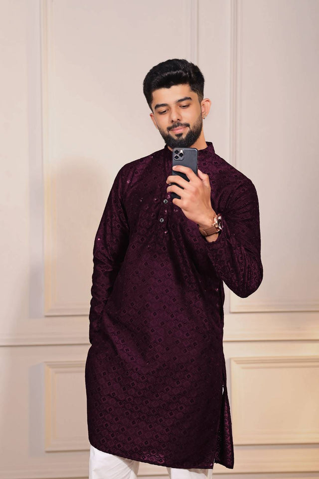 Wine Sequin with Chikankari Cotton Kurta Pyjama