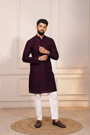 Wine Sequin with Chikankari Cotton Kurta Pyjama