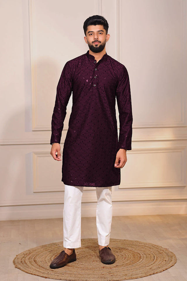 Wine Sequin with Chikankari Cotton Kurta Pyjama
