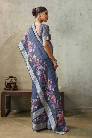 Blue Floral Printed Viscose Saree