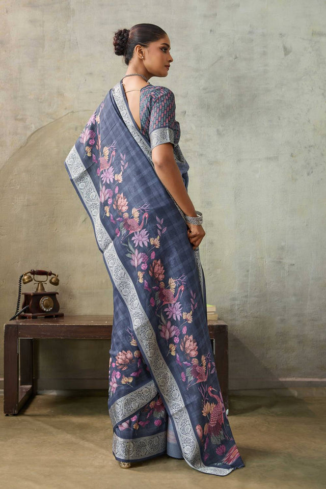 Blue Floral Printed Viscose Saree