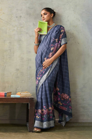 Blue Floral Printed Viscose Saree