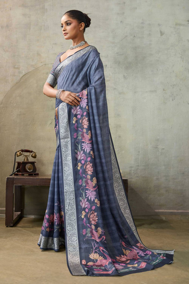 Blue Floral Printed Viscose Saree