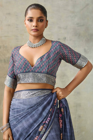 Blue Floral Printed Viscose Saree