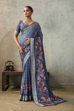 Blue Floral Printed Viscose Saree