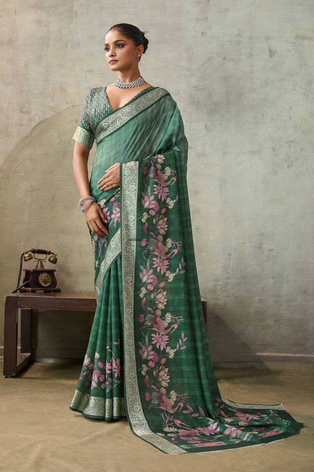 Green Floral Printed Viscose Saree