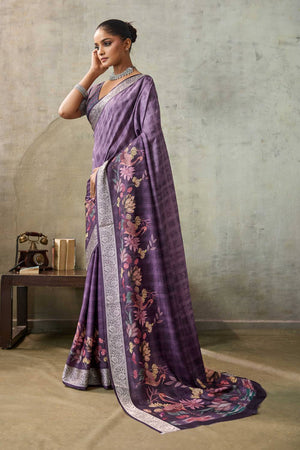 Violet Floral Printed Viscose Saree